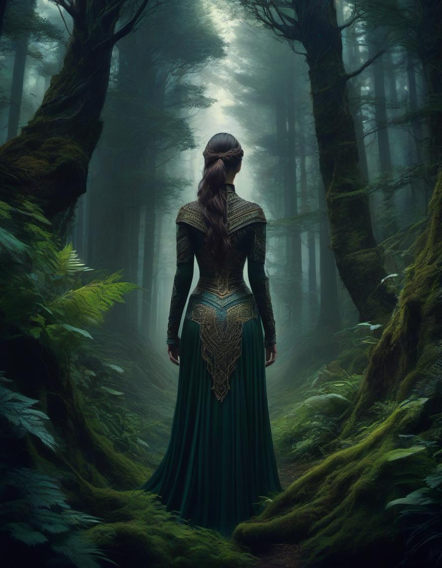  concept art A stunning digital painting of a mysterious forest woman with intricate details, geometric patterns, and surreal elements. The artwork is highly detailed, photorealistic, and beautifully balanced, showcasing a masterful blend of fantasy and realism. . digital artwork, illustrative, painterly, matte painting, highly detailed hyperrealistic, full body, detailed clothing, highly detailed, cinematic lighting, stunningly beautiful, intricate, sharp focus, f/1. 8, 85mm, (centered image composition), (professionally color graded), ((bright soft diffused light)), volumetric fog, trending on instagram, trending on tumblr, HDR 4K, 8K