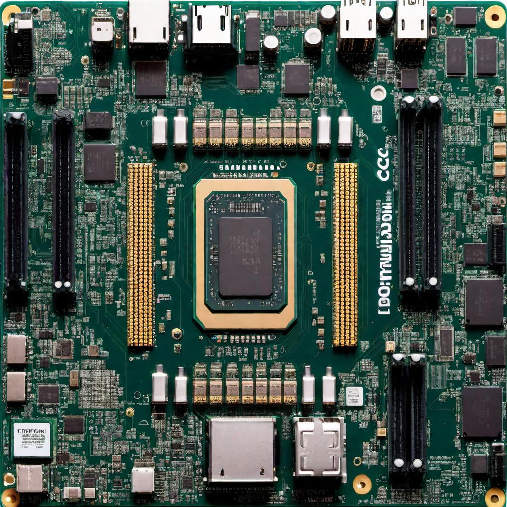  A detailed illustration of a computer motherboard with labeled components. The image should include: 1. **CPU Socket** - The slot or socket where the central processing unit (CPU) is installed. 2. **Chipset** - The chipset consists of the northbridge and southbridge (or a unified chipset in more modern designs): - **Northbridge**: Manages communication between the CPU, RAM, and PCI Express lanes. - **Southbridge**: Handles I/O functions such as USB, SATA, and network. 3. **BIOS/UEFI Chip** - A small memory chip that stores the firmware interface for booting the system and managing hardware settings. 4. **RAM Slots (DIMM Slots)** - Slots for installing memory (RAM) modules. 5. **PCI Express (PCIe) Slots)** - Expansion slots for add hyperrealistic, full body, detailed clothing, highly detailed, cinematic lighting, stunningly beautiful, intricate, sharp focus, f/1. 8, 85mm, (centered image composition), (professionally color graded), ((bright soft diffused light)), volumetric fog, trending on instagram, trending on tumblr, HDR 4K, 8K