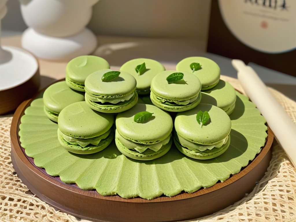  An exquisitely detailed photorealistic closeup image of a delicate matcha green teainfused macaron, showcasing its perfectly smooth surface, light green hue, and intricate piped filling, set against a backdrop of a traditional Japanese tea ceremony setup with elegant matcha tools and a steaming cup of vibrant green tea. The image captures the essence of innovation and sophistication in combining green tea with delectable desserts, appealing to the audience's sense of culinary creativity and visual beauty. hyperrealistic, full body, detailed clothing, highly detailed, cinematic lighting, stunningly beautiful, intricate, sharp focus, f/1. 8, 85mm, (centered image composition), (professionally color graded), ((bright soft diffused light)), volumetric fog, trending on instagram, trending on tumblr, HDR 4K, 8K