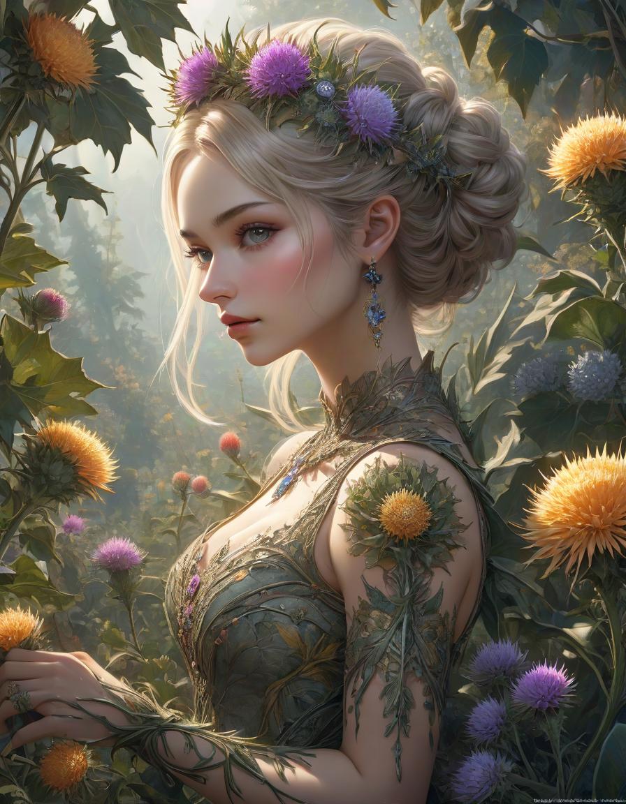  hyperrealistic art illustration style,1 girl,(masterpiece, top quality, best quality, official art, Beautiful and beautiful:1.2),(1 girl),Extremely detailed,flowers,(Fractal art:1.3),rich and colorful,most detailed,thistles and thorns . extremely high resolution details, photographic, realism pushed to extreme, fine texture, incredibly lifelike hyperrealistic, full body, detailed clothing, highly detailed, cinematic lighting, stunningly beautiful, intricate, sharp focus, f/1. 8, 85mm, (centered image composition), (professionally color graded), ((bright soft diffused light)), volumetric fog, trending on instagram, trending on tumblr, HDR 4K, 8K