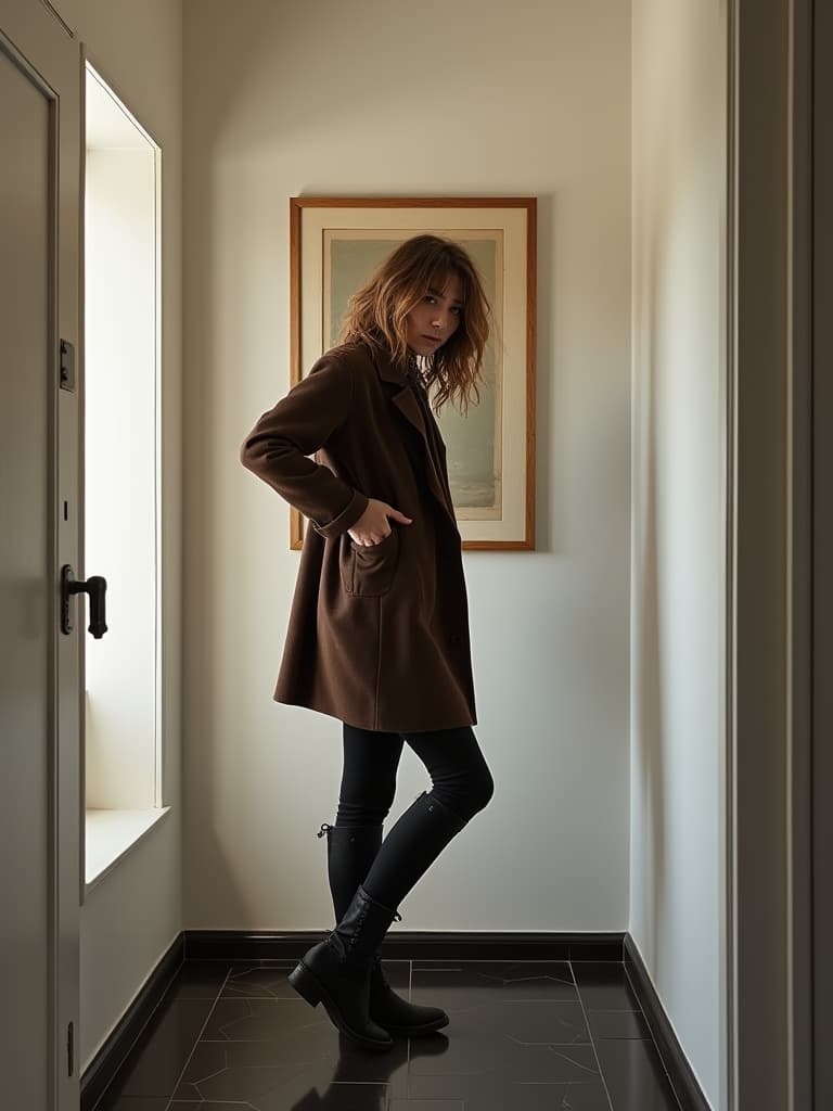  this editorial photography captures a contemporary style mudroom entryway designed for removing outdoor clothing and shoes. the scene is styled in the polished and dramatic manner of ansel adams, with a focus on vivid color saturation and a noir movie appeal. the composition features chiaroscuro lighting, akin to cinestill 800t film grain, enhancing the overall movie like feel. the subject, dressed in an autumn outfit with chelsea boots and messy layered hair, strikes a pose with a hand on the hip, facing forward. the backdrop is set against a white wall (rgb 255, 255, 255, #ffffff) adorned with a frame from toulouse lautrec, adding an artistic touch to the clean and harmonious space.