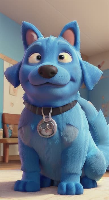  {Max snuggled up in his comfy dog bed inside the house, fast asleep, The big blue dog is large with sky blue fur, big round eyes, a black nose, and floppy ears.