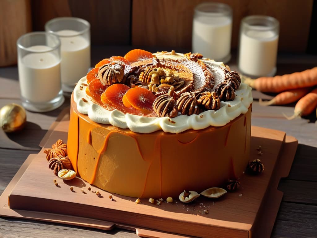  A closeup, photorealistic image of a freshly baked carrot cake resting on a rustic wooden table. The cake is beautifully decorated with swirls of cream cheese frosting, topped with chopped walnuts and a dusting of cinnamon. The moist, goldenbrown cake layers are studded with vibrant orange shreds of carrots and specks of aromatic spices like cinnamon and nutmeg. Rays of sunlight filter through a nearby window, casting a warm, inviting glow on the decadent dessert, highlighting its rich textures and inviting presentation. hyperrealistic, full body, detailed clothing, highly detailed, cinematic lighting, stunningly beautiful, intricate, sharp focus, f/1. 8, 85mm, (centered image composition), (professionally color graded), ((bright soft diffused light)), volumetric fog, trending on instagram, trending on tumblr, HDR 4K, 8K