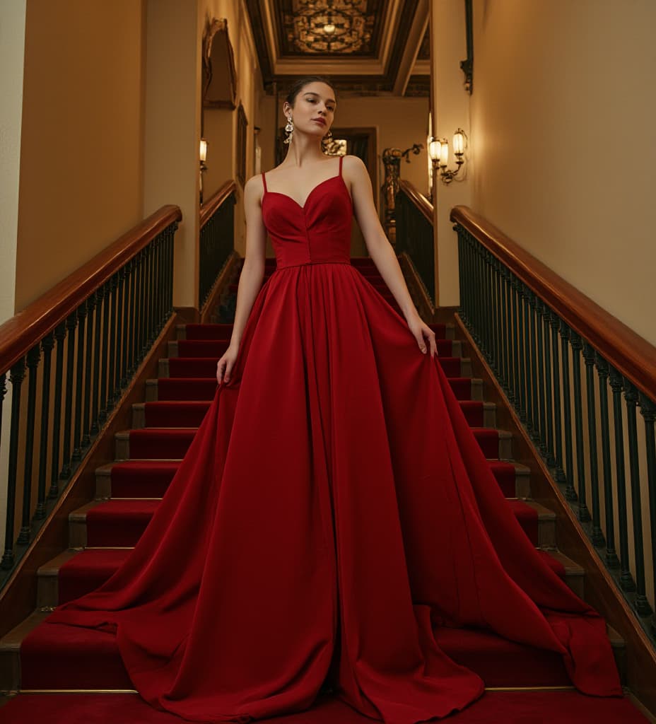  good quality, high quality, a 2 old is descending a grand staircase staircase. she is smiling. pale skin. she is . she is wearing a very big and long extravagant and gorgeous red . she is wearing extravagant jewelry. she is . her s are . enormous, mive s. her entire body is shown including her feet. photo.