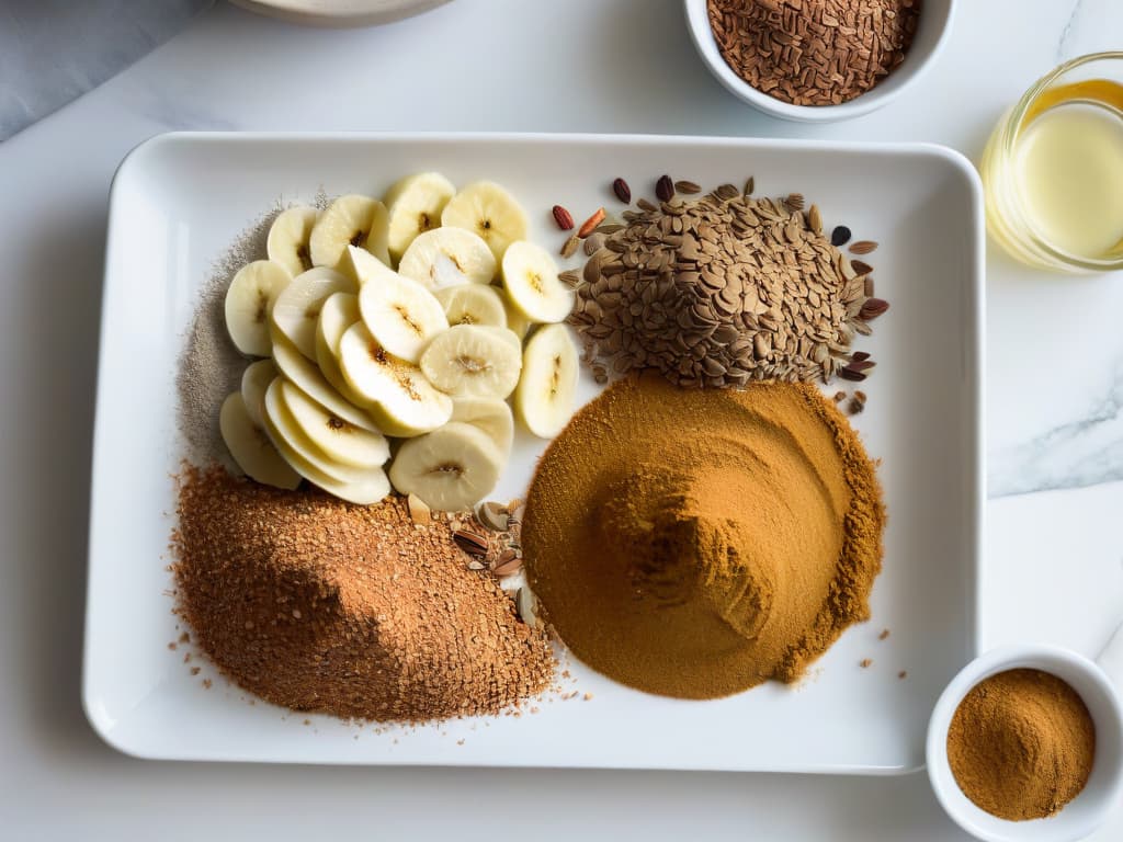  A beautifully arranged flat lay image featuring a variety of vegan and healthy baking ingredients such as almond flour, coconut sugar, flaxseeds, and ripe bananas on a sleek marble countertop. The soft natural light gently illuminates the scene, highlighting the textures and earthy tones of the ingredients. The composition is carefully curated, emphasizing the simplicity and elegance of the plantbased baking essentials, creating a visually appealing and inspiring image for the article. hyperrealistic, full body, detailed clothing, highly detailed, cinematic lighting, stunningly beautiful, intricate, sharp focus, f/1. 8, 85mm, (centered image composition), (professionally color graded), ((bright soft diffused light)), volumetric fog, trending on instagram, trending on tumblr, HDR 4K, 8K