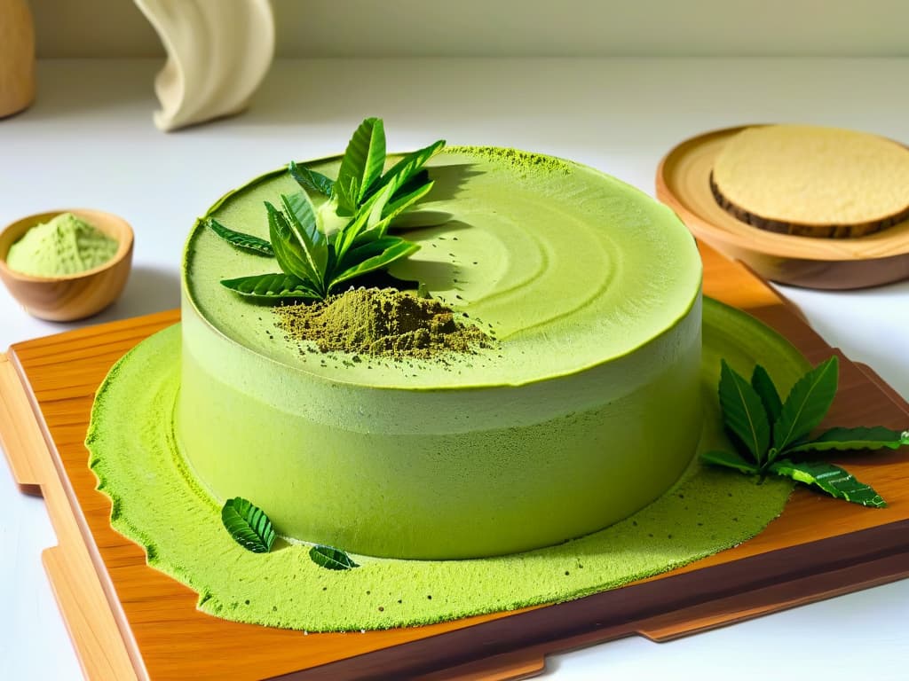  An intricately detailed photorealistic image of a delectable matcha green teainfused cheesecake, adorned with vibrant green tea leaves on top and a delicate dusting of matcha powder, against a soft, elegant backdrop with hints of tea plantations in the background. The cheesecake is beautifully sliced to reveal the rich, creamy texture with a perfect balance of the green tea flavor, inviting viewers to indulge in the fusion of flavors and benefits of green tea in desserts. hyperrealistic, full body, detailed clothing, highly detailed, cinematic lighting, stunningly beautiful, intricate, sharp focus, f/1. 8, 85mm, (centered image composition), (professionally color graded), ((bright soft diffused light)), volumetric fog, trending on instagram, trending on tumblr, HDR 4K, 8K