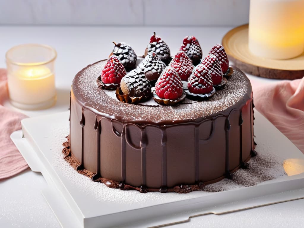  A closeup, photorealistic image of a decadent chocolate cake with glossy ganache dripping down the sides, topped with fresh raspberries and a dusting of powdered sugar. The cake sits on a sleek white marble countertop, surrounded by scattered cocoa powder and vibrant red berries, evoking a sense of indulgence and guiltfree sweetness. hyperrealistic, full body, detailed clothing, highly detailed, cinematic lighting, stunningly beautiful, intricate, sharp focus, f/1. 8, 85mm, (centered image composition), (professionally color graded), ((bright soft diffused light)), volumetric fog, trending on instagram, trending on tumblr, HDR 4K, 8K