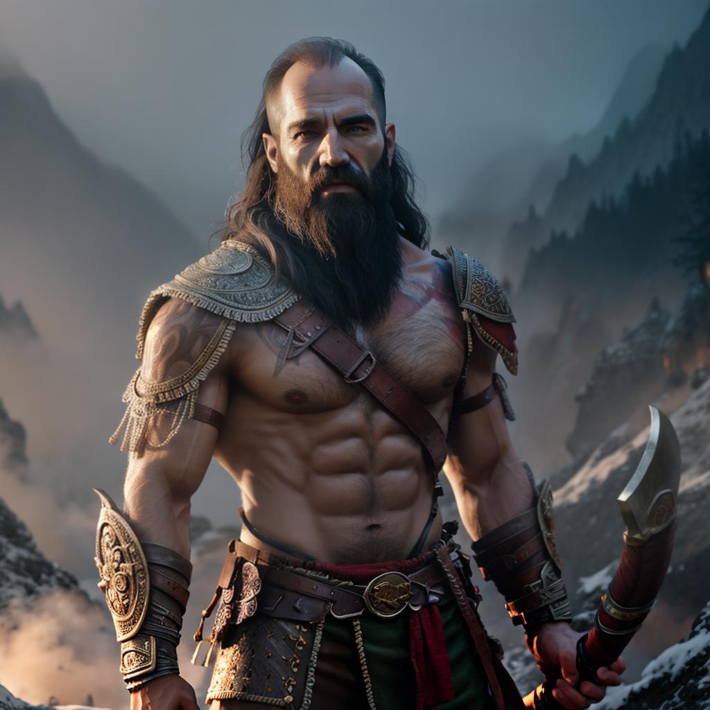  God of war hyperrealistic, full body, detailed clothing, highly detailed, cinematic lighting, stunningly beautiful, intricate, sharp focus, f/1. 8, 85mm, (centered image composition), (professionally color graded), ((bright soft diffused light)), volumetric fog, trending on instagram, trending on tumblr, HDR 4K, 8K