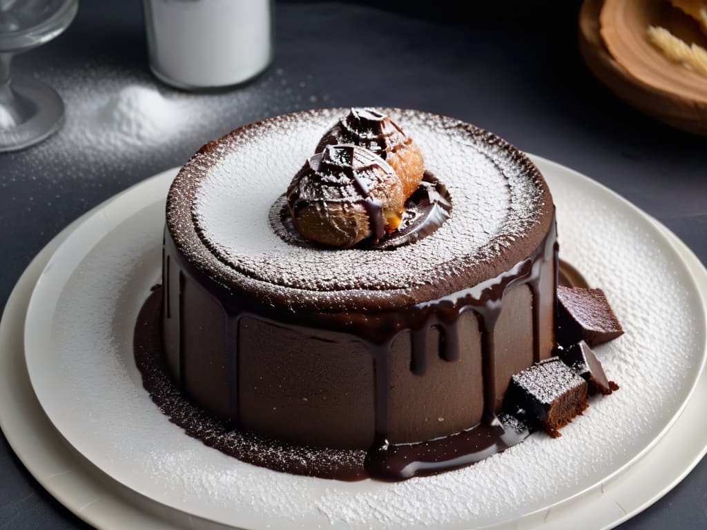  A closeup, ultradetailed image of a decadent glutenfree chocolate lava cake topped with a dusting of powdered sugar, served on a sleek, modern white plate. The cake is oozing with rich, molten chocolate, creating a visually captivating and mouthwatering scene. The focus is on the glossy texture of the cake and the contrast between the dark chocolate and the light plate, highlighting the indulgent nature of glutenfree desserts. hyperrealistic, full body, detailed clothing, highly detailed, cinematic lighting, stunningly beautiful, intricate, sharp focus, f/1. 8, 85mm, (centered image composition), (professionally color graded), ((bright soft diffused light)), volumetric fog, trending on instagram, trending on tumblr, HDR 4K, 8K