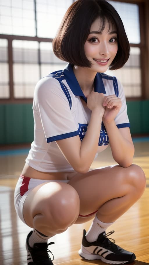  /imagine 32K images, cinematography and exotic lighting, beautiful old , ((resembling actress Suzu Hirose)), volleyball uniform, hands on floor, squatting, up, , wearing small bloomers, camel claws, , nice round , Japanese, cute, big eyes long eyelashes, fringed, well-defined face, nicely made eyes, small face, smiling happily, looking at viewer, smiling, (sweaty uniform), gym, indoors, volleyball court, hyperrealistic, full body, detailed clothing, highly detailed, cinematic lighting, stunningly beautiful, intricate, sharp focus, f/1. 8, 85mm, (centered image composition), (professionally color graded), ((bright soft diffused light)), volumetric fog, trending on instagram, trending on tumblr, HDR 4K, 8K