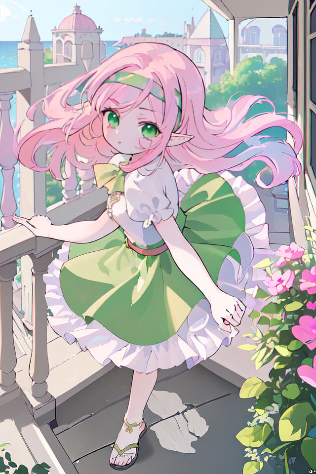  (Best masterpiece: 1.5),(Highest image quality),(Super detail),(Super precision),(Super beautiful CG),(8K),1girl,elf,solo,green eyes,pink hair,hair parted in the center ,（close up）,headband,ONE PIECE,sandals,hair blowing in the wind,balcony ,midday sunshine,high angle,