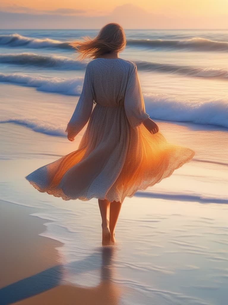  The background is the sea, the sky is sunset, a woman is alone, walking on the sandy beach, the whole body of the back, the clothes are dressed, masterpiece, best quality,8k,ultra detailed,high resolution,an extremely delicate and beautiful,hyper detail