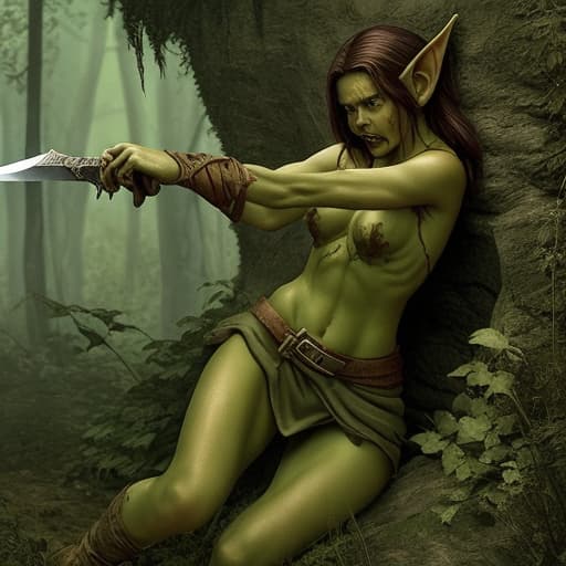  Photo-realistic a young elven girl shoves a sword into the torso ofa scary evil orc thats attacking her crying scared little human friend as he hides, she uses her powers to make plants to grow through the orcs body, the plants tear his body into pieces killing the orc saving the boy crying