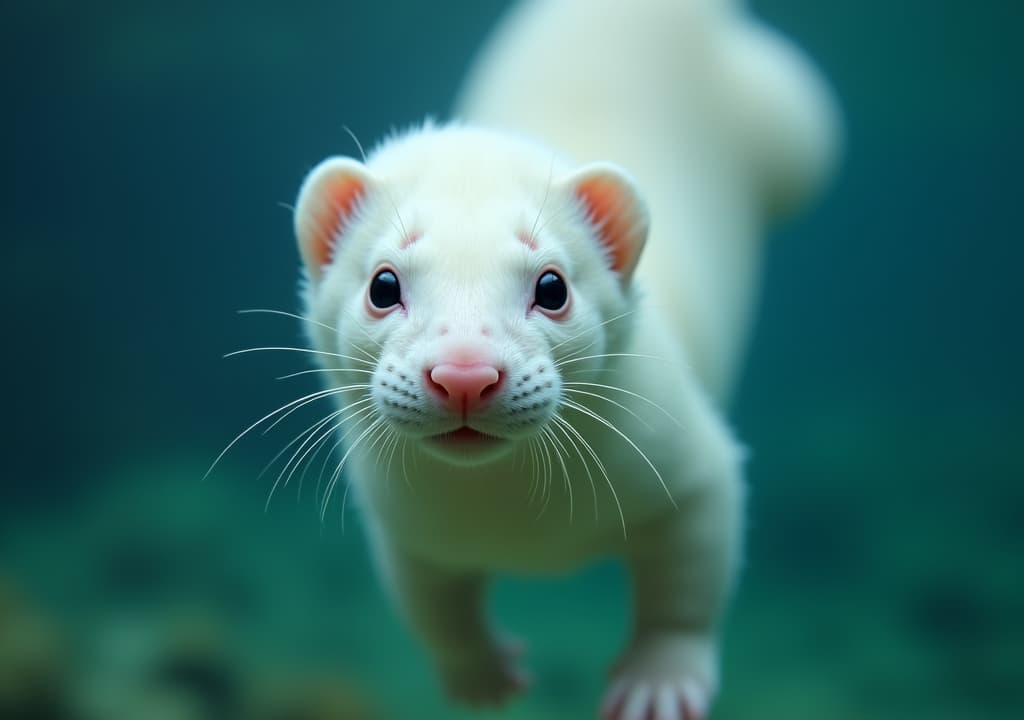  good quality, high quality, a white ferret swims underwater, looking directly at the camera with a playful expression