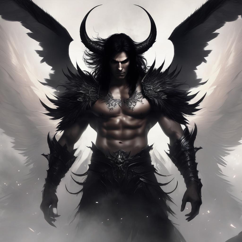  man, demon with black eyes and black hair, demonic wings, fantasy, magic