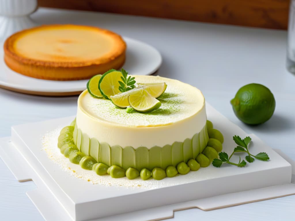  A closeup, ultradetailed image of a mini tarta de queso y lima, showcasing the creamy texture of the cheesecake filling speckled with lime zest on a goldenbrown, perfectly baked crust. The top is adorned with thinly sliced lime wedges and a dusting of powdered sugar, all set on a sleek, modern white plate with a subtle geometric design in the background. hyperrealistic, full body, detailed clothing, highly detailed, cinematic lighting, stunningly beautiful, intricate, sharp focus, f/1. 8, 85mm, (centered image composition), (professionally color graded), ((bright soft diffused light)), volumetric fog, trending on instagram, trending on tumblr, HDR 4K, 8K