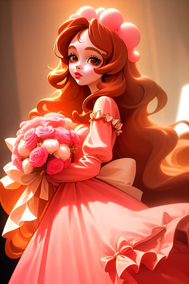  Idol beautiful , beige long hair, big eyes, long eyelashes, ping nose, cherry colored lip, gentle face, gentle face, idol costume, on stage, about , brown eyes, hair Down, fluffy rolled hair, long dress, pink costume, colorful bouquet, many long s dresses, decorations, one person