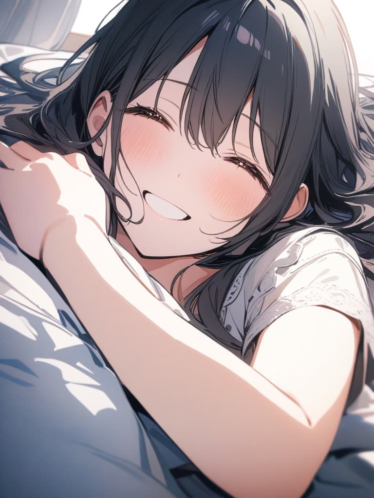  Girl, long hair, black hair, laughing, watercolor style, lying on bed, masterpiece, best quality,8k,ultra detailed,high resolution,an extremely delicate and beautiful,hyper detail