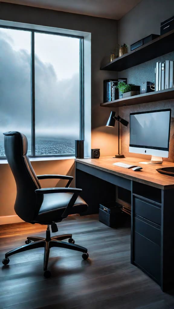  (A well lit, modern office interior with a desk, computer, and office supplies. A person sitting at the desk, focused on their work.) hyperrealistic, full body, detailed clothing, highly detailed, cinematic lighting, stunningly beautiful, intricate, sharp focus, f/1. 8, 85mm, (centered image composition), (professionally color graded), ((bright soft diffused light)), volumetric fog, trending on instagram, trending on tumblr, HDR 4K, 8K