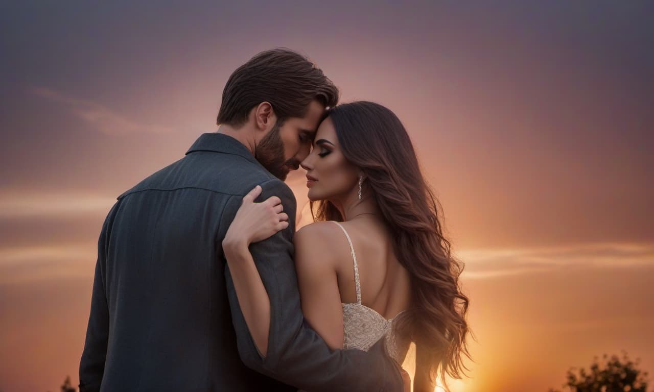  A long haired girl and a man are embracing each other with their backs to each other against the backdrop of a sunset. hyperrealistic, full body, detailed clothing, highly detailed, cinematic lighting, stunningly beautiful, intricate, sharp focus, f/1. 8, 85mm, (centered image composition), (professionally color graded), ((bright soft diffused light)), volumetric fog, trending on instagram, trending on tumblr, HDR 4K, 8K