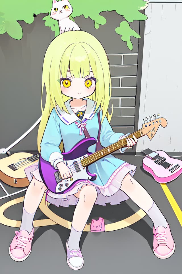  High school girl, mini character, cute, electric guitar, long hair, hanging, cat based, sitting on the ground, put an electric guitar on the knee, request pose