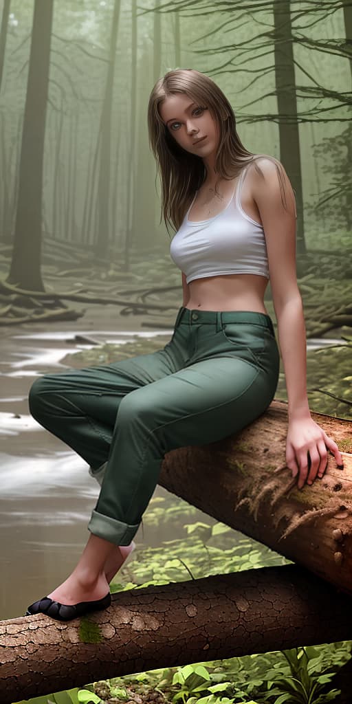  girl-in pants, sitting on a log, scar visible, in the forest