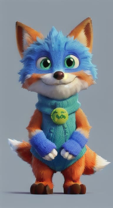  {Error the fox pressing the blue button with his paw, looking puzzled as nothing occurs., Error is a small, bright orange fox with a fluffy tail and big, inquisitive eyes. He has a mischievous yet kind expression and wears a tiny green scarf.