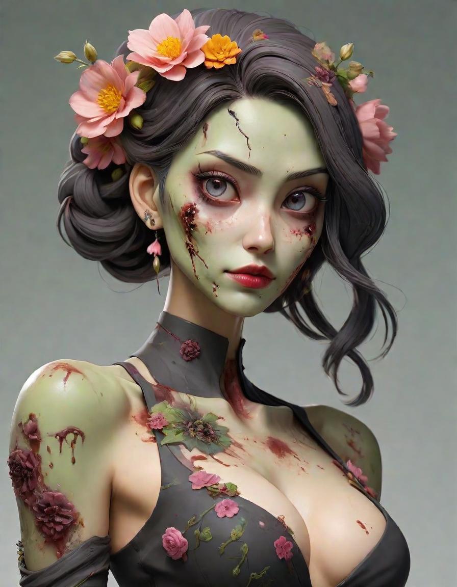  kawaii style ((Waist height portrait:1.5)) ,Slender with flowers in her hair, realistic eyes, hauntingly beautiful zombie, shinji ikari, thin face, huge lips, slight smile , tight , s ,dimple, bent over, deep neckline , thin waist, digital intricate art, bishounen, rotting black clay skin, in salvia divinorum, artist unknown, bruised, inspired by Kanō Hōgai, violet, shards, flowey, necrosis, art , scars, injured skin, embossed tattoos, wounds, , tilt shift photo . Selective focus, miniature effect, blurred background, highly detailed, vint, perspective control . cute, adorable, brightly colored, cheerful, anime influence, highly detailed hyperrealistic, full body, detailed clothing, highly detailed, cinematic lighting, stunningly beautiful, intricate, sharp focus, f/1. 8, 85mm, (centered image composition), (professionally color graded), ((bright soft diffused light)), volumetric fog, trending on instagram, trending on tumblr, HDR 4K, 8K