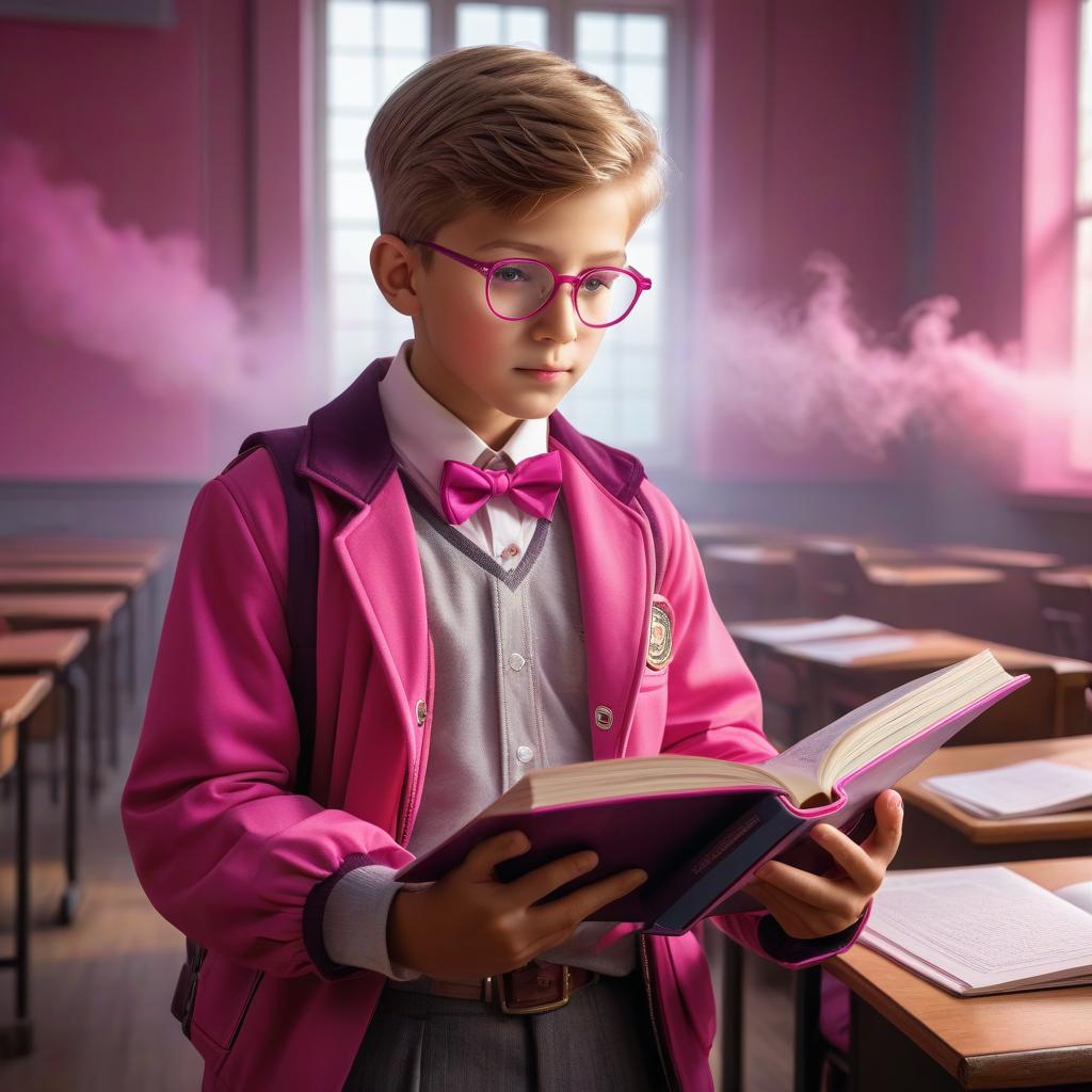  Boy with a math book. School math lesson. School in Russia. Boy learns math and reads the book attentively. Pink shades, color fuschia. School uniform. hyperrealistic, full body, detailed clothing, highly detailed, cinematic lighting, stunningly beautiful, intricate, sharp focus, f/1. 8, 85mm, (centered image composition), (professionally color graded), ((bright soft diffused light)), volumetric fog, trending on instagram, trending on tumblr, HDR 4K, 8K