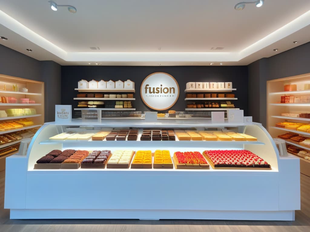  An ultradetailed 8k image of a sleek, modern dessert shop interior with a minimalist design aesthetic. The space features clean lines, a monochromatic color scheme with pops of pastel hues, and subtle nods to pop culture through small, tasteful merchandising items like logobranded mugs and dessertthemed artwork. The focal point is a display case filled with beautifully crafted desserts that blend traditional flavors with trendy pop culture references, showcasing the fusion of flavors and design elements central to the article's theme. hyperrealistic, full body, detailed clothing, highly detailed, cinematic lighting, stunningly beautiful, intricate, sharp focus, f/1. 8, 85mm, (centered image composition), (professionally color graded), ((bright soft diffused light)), volumetric fog, trending on instagram, trending on tumblr, HDR 4K, 8K