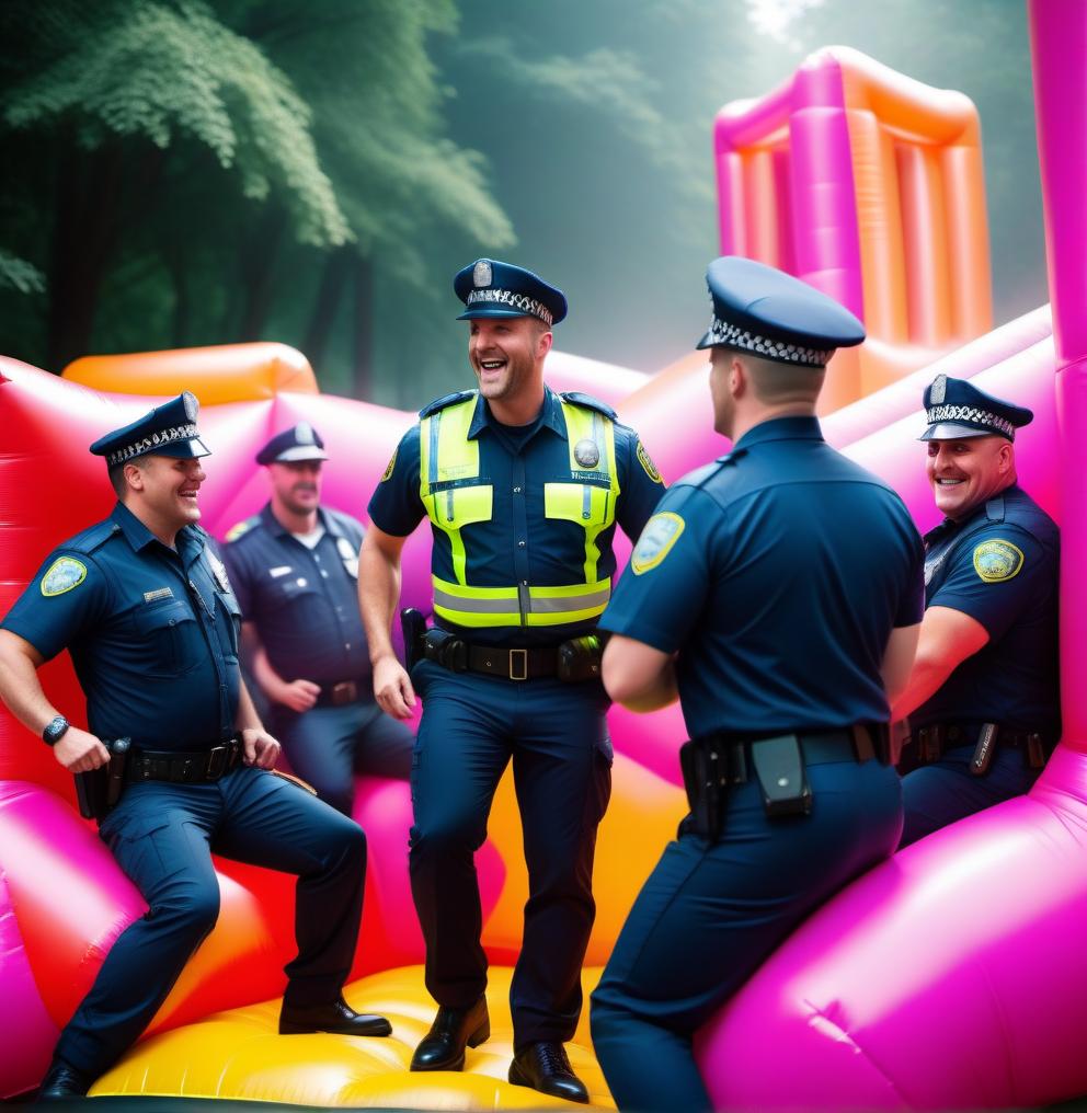  a group of traffic cops in their uniforms happily in a bouncy castle hyperrealistic, full body, detailed clothing, highly detailed, cinematic lighting, stunningly beautiful, intricate, sharp focus, f/1. 8, 85mm, (centered image composition), (professionally color graded), ((bright soft diffused light)), volumetric fog, trending on instagram, trending on tumblr, HDR 4K, 8K