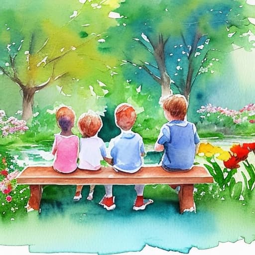  painting water color effect, 5 small kids playing in a garden full of flowers and trees, 2 parents sitting on a bench watching them