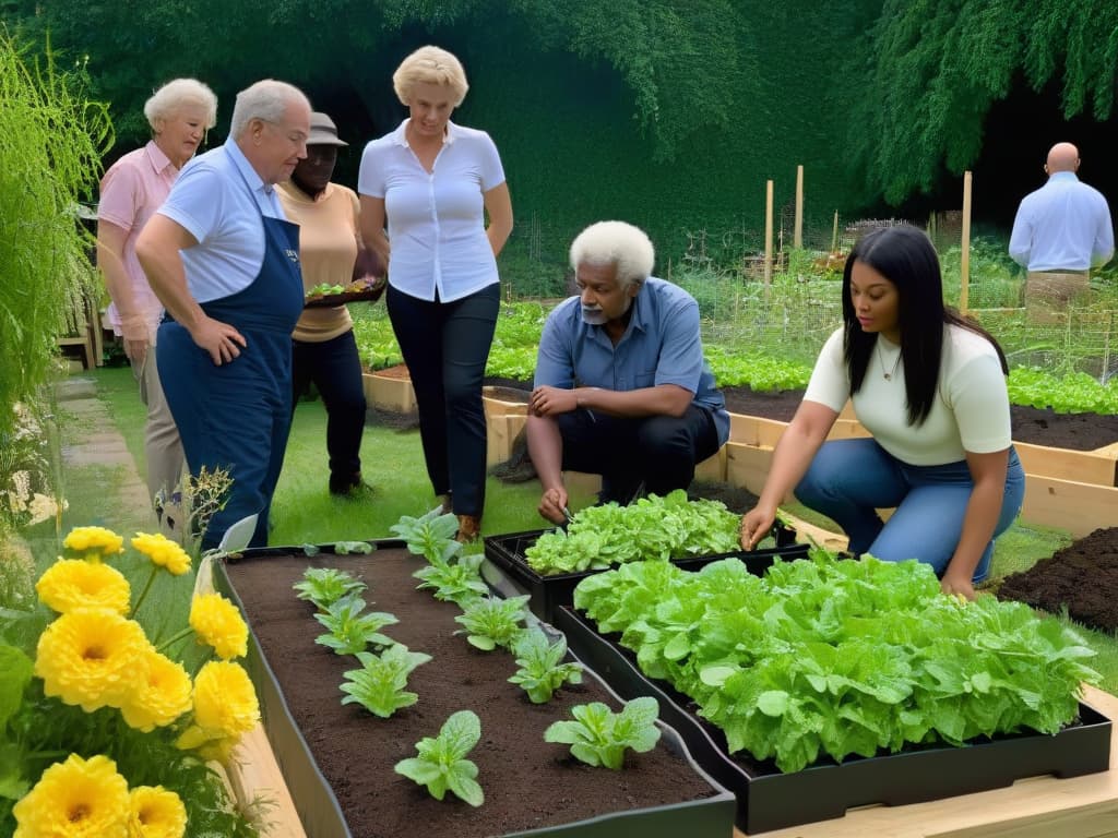  A detailed 8k ultradetailed image of a diverse group of people from different ethnic backgrounds and ages, working together in a community garden. They are planting various fruits and vegetables, surrounded by lush greenery and colorful flowers. The focus is on the unity and positive impact on both the community and the environment, symbolizing the theme of conscious baking and combating food waste. hyperrealistic, full body, detailed clothing, highly detailed, cinematic lighting, stunningly beautiful, intricate, sharp focus, f/1. 8, 85mm, (centered image composition), (professionally color graded), ((bright soft diffused light)), volumetric fog, trending on instagram, trending on tumblr, HDR 4K, 8K