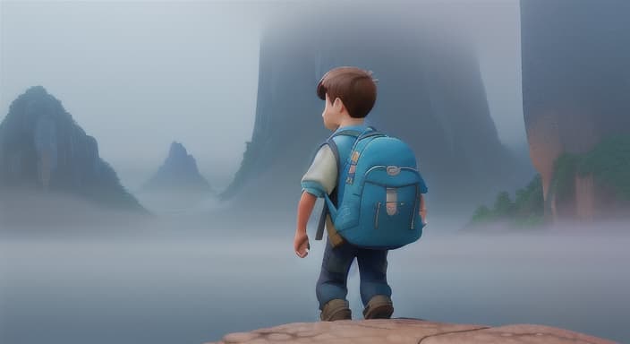  {The explorer disappearing into the mist, a sense of mystery and excitement in the air., The explorer's blue backpack is slung securely over one shoulder.