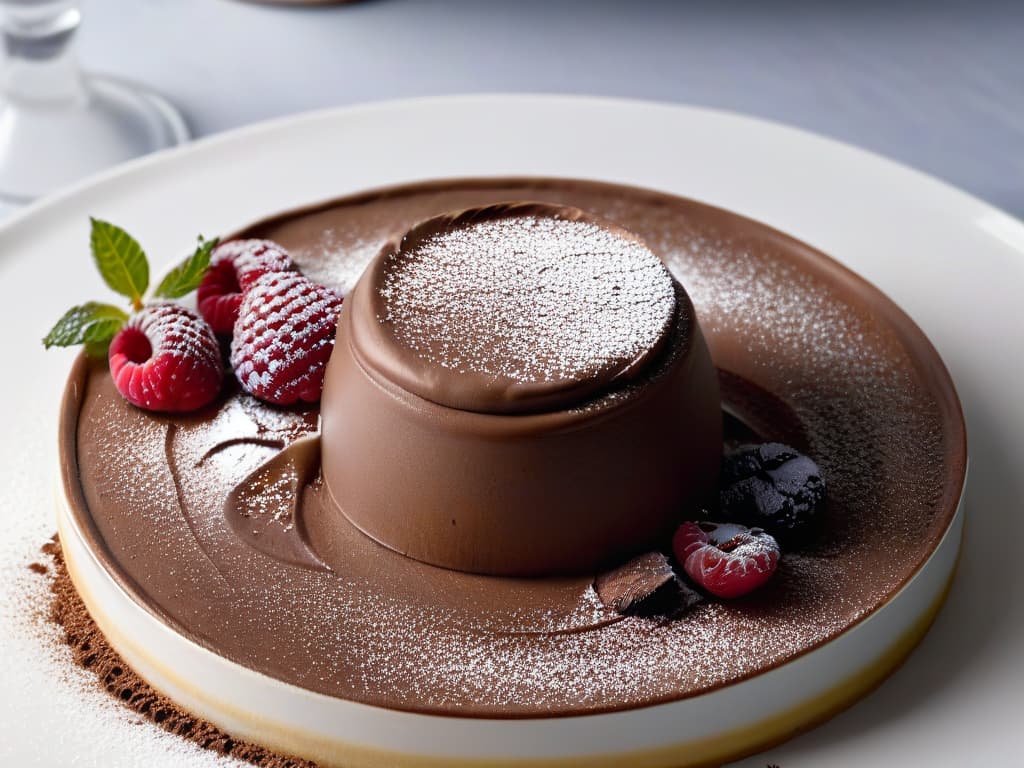  An image of a single, perfectly spherical scoop of velvety chocolate mousse resting delicately on a pristine white plate, garnished with a single fresh raspberry and a dusting of powdered sugar. The plate sits on a sleek, matte black surface, casting a subtle reflection of the dessert below. The lighting is soft and diffused, highlighting the smooth texture and rich color of the mousse, creating a visually striking and elegant minimalist composition. hyperrealistic, full body, detailed clothing, highly detailed, cinematic lighting, stunningly beautiful, intricate, sharp focus, f/1. 8, 85mm, (centered image composition), (professionally color graded), ((bright soft diffused light)), volumetric fog, trending on instagram, trending on tumblr, HDR 4K, 8K