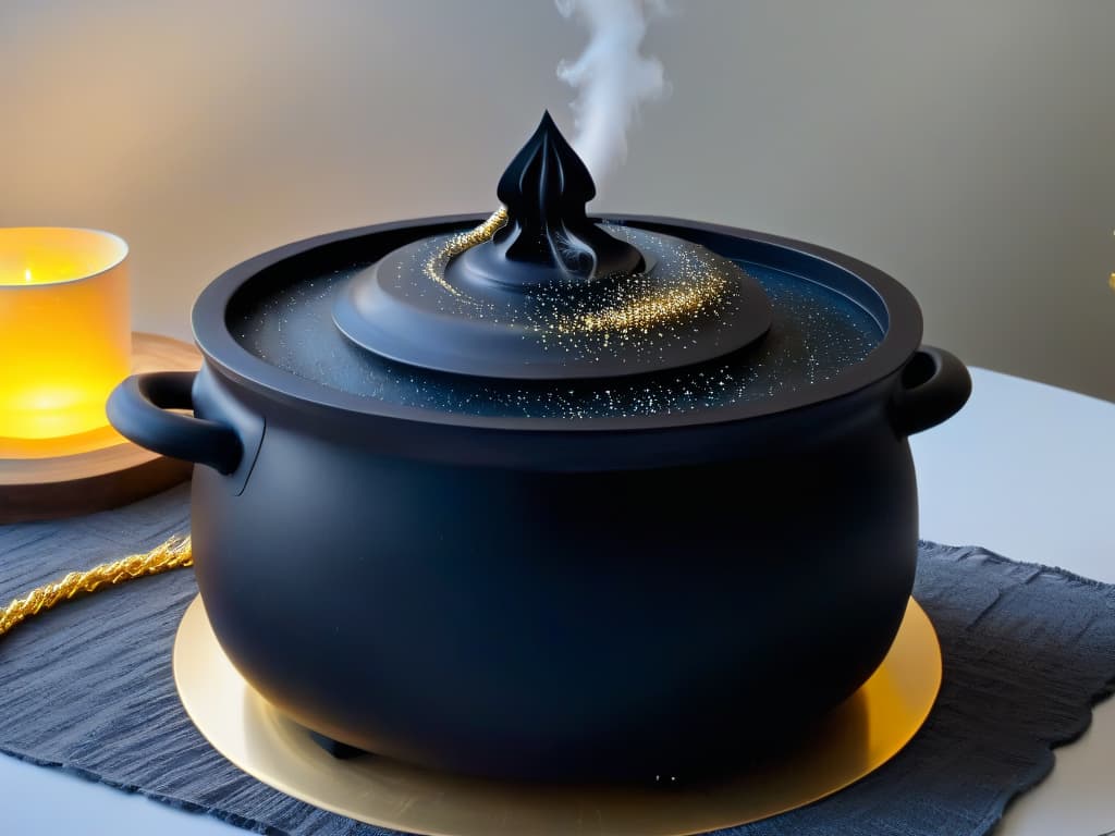  A minimalistic image of a sleek black cauldron with intricate silver detailing, sitting on a marble countertop surrounded by swirling golden sparks. The cauldron is adorned with subtle symbols of the Hogwarts houses and emits a soft, mystical glow, evoking a sense of magic and enchantment. hyperrealistic, full body, detailed clothing, highly detailed, cinematic lighting, stunningly beautiful, intricate, sharp focus, f/1. 8, 85mm, (centered image composition), (professionally color graded), ((bright soft diffused light)), volumetric fog, trending on instagram, trending on tumblr, HDR 4K, 8K