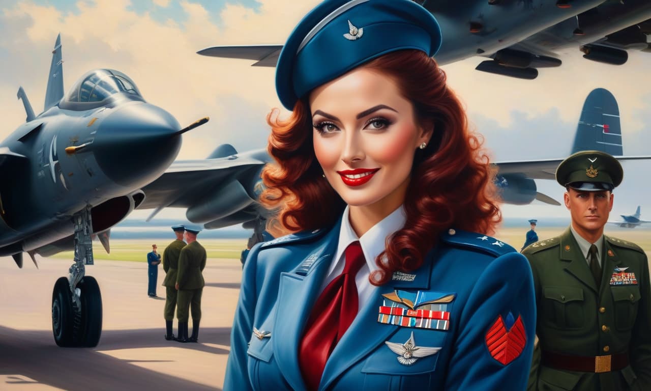  masterpiece of painting, oil painting, fine brush, A woman in an Air Force uniform is waiting for her boyfriend, she is about 20 year, elegant, smart, smiles ly, magnificent s, tall, long legged, lush dark red long curly hair, fresh and emphasizing the beauty of the defiant makeup and emerald eyes. From under the frivolously unoned uniform dark blue with silver hardware, large open neckline, with epaulettes of lieutenant, tunic, a beautiful and expensive red black satin corset with lace trim, from under the short dark blue uniform can be seen red garters and black fishnet highly visible stockings with red lace, on her feet elegant red high heeled shoes. A behind her and outside the airfiel hyperrealistic, full body, detailed clothing, highly detailed, cinematic lighting, stunningly beautiful, intricate, sharp focus, f/1. 8, 85mm, (centered image composition), (professionally color graded), ((bright soft diffused light)), volumetric fog, trending on instagram, trending on tumblr, HDR 4K, 8K