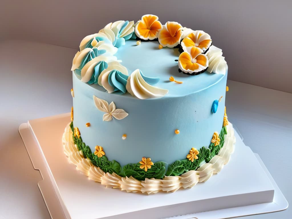  A closeup, ultradetailed image of a perfectly frosted and decorated cake, showcasing intricate piping work, delicate fondant details, and vibrant colors. The cake sits elegantly on a sleek, white cake stand, under soft, natural lighting that highlights every precise detail and texture of the dessert masterpiece. hyperrealistic, full body, detailed clothing, highly detailed, cinematic lighting, stunningly beautiful, intricate, sharp focus, f/1. 8, 85mm, (centered image composition), (professionally color graded), ((bright soft diffused light)), volumetric fog, trending on instagram, trending on tumblr, HDR 4K, 8K