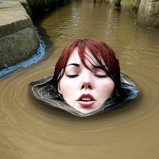  woman's head sinking in the river she looks panic