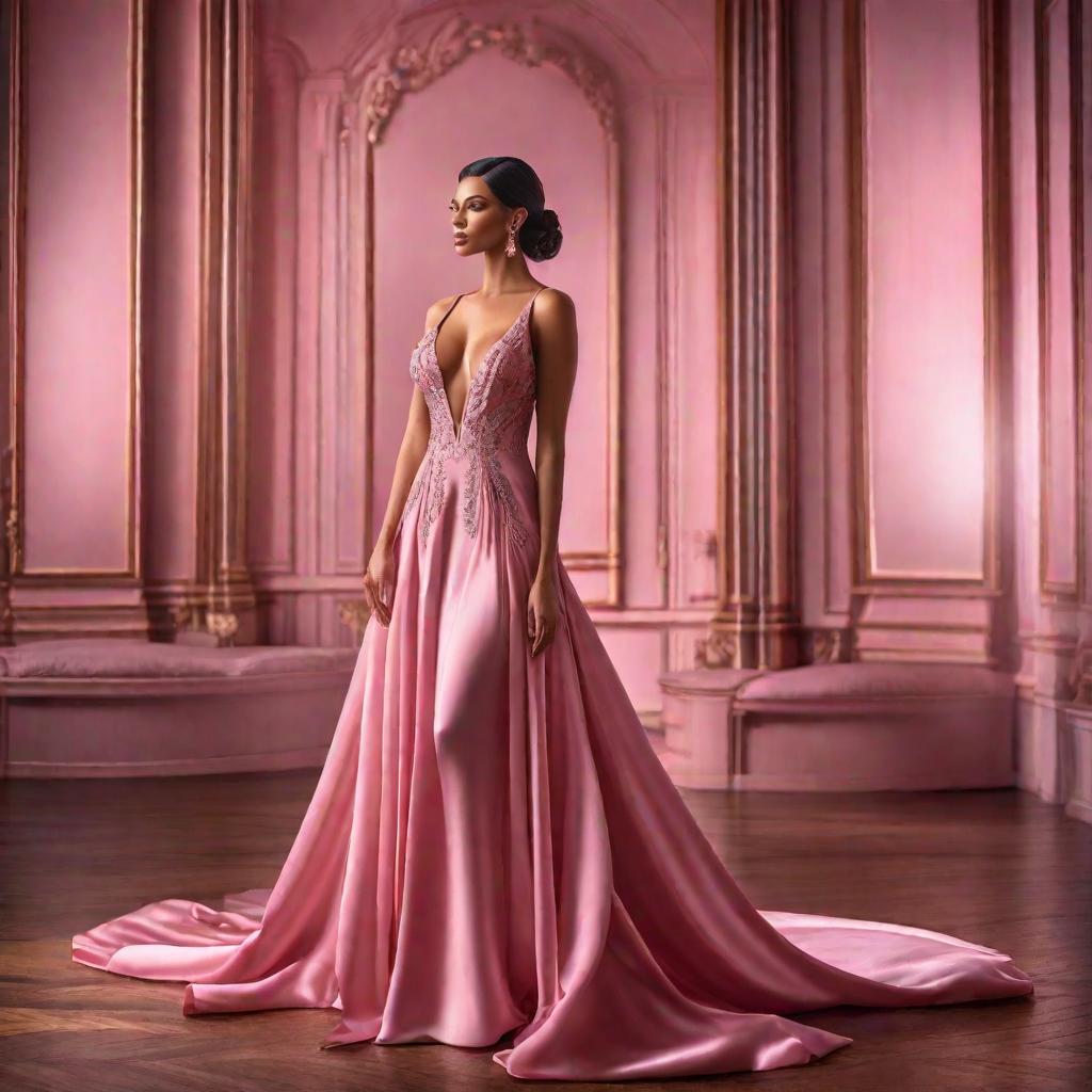   in pink satin dress hyperrealistic, full body, detailed clothing, highly detailed, cinematic lighting, stunningly beautiful, intricate, sharp focus, f/1. 8, 85mm, (centered image composition), (professionally color graded), ((bright soft diffused light)), volumetric fog, trending on instagram, trending on tumblr, HDR 4K, 8K