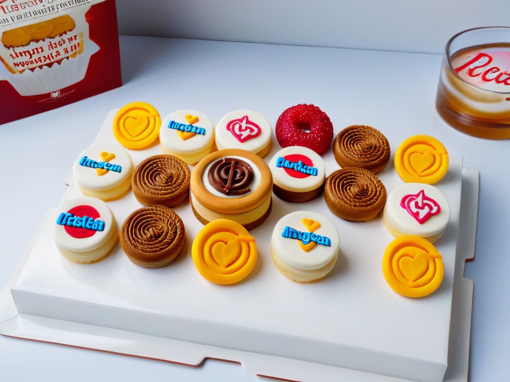  A highresolution, minimalist image featuring a beautifully styled flat lay of various trendy social mediainspired desserts like Instagram logoshaped cookies, Facebookthemed cupcakes, and Pinterestinspired cake pops. The desserts are meticulously arranged on a sleek marble countertop, with soft overhead lighting casting a gentle shadow, creating a visually striking and modern composition that captures the essence of social media influence in the world of baking. hyperrealistic, full body, detailed clothing, highly detailed, cinematic lighting, stunningly beautiful, intricate, sharp focus, f/1. 8, 85mm, (centered image composition), (professionally color graded), ((bright soft diffused light)), volumetric fog, trending on instagram, trending on tumblr, HDR 4K, 8K