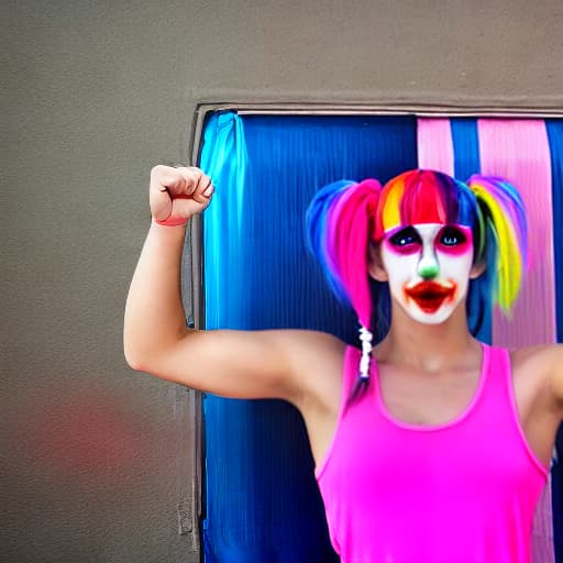  a wrestler, female, wearing clown make-up, Rainbow colored hair with pigtails, pink tank top with polka dots, rainbow colored mini skirt, full body