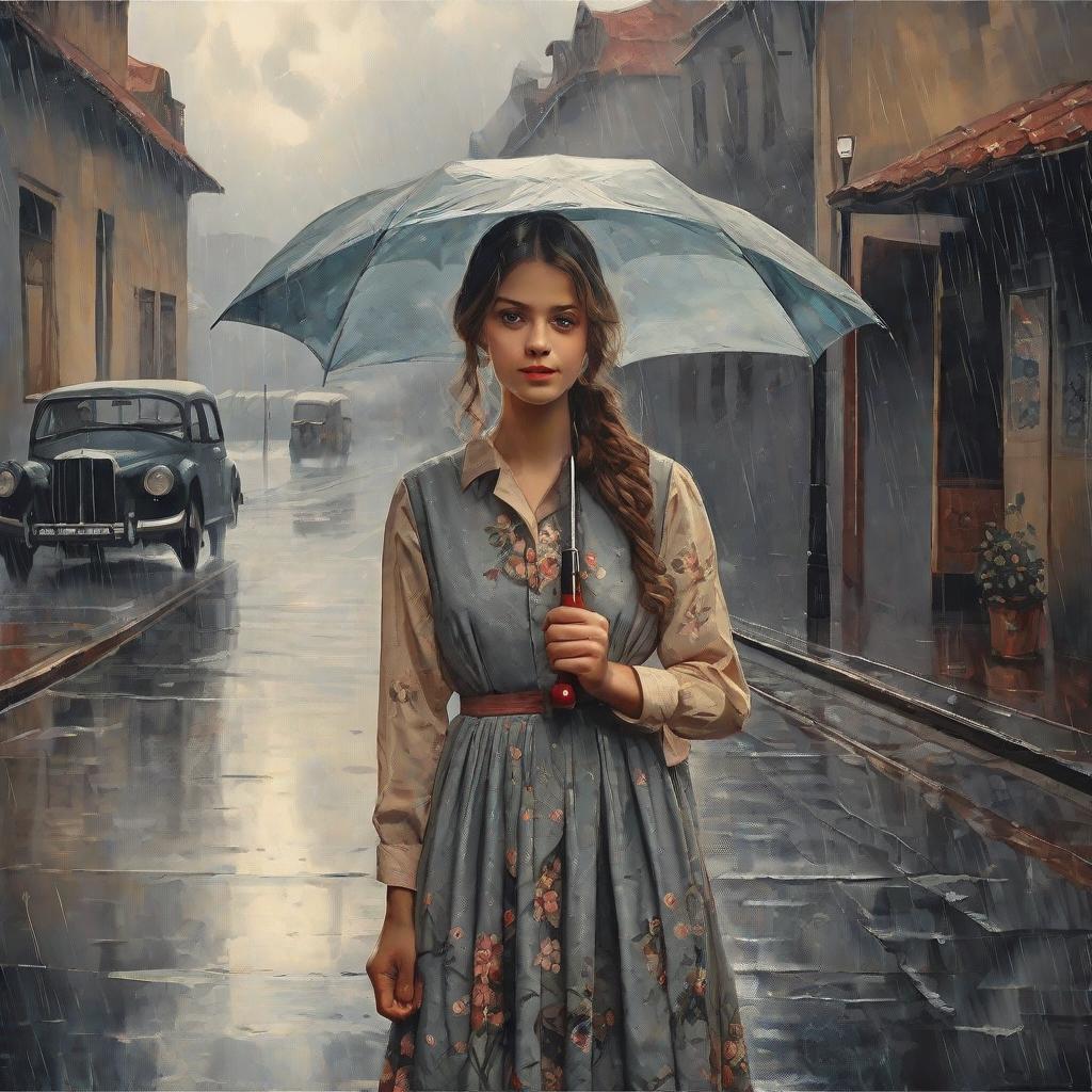  masterpiece, best quality, A girl wearing a frock standing on road with an umbrella and it's raining.