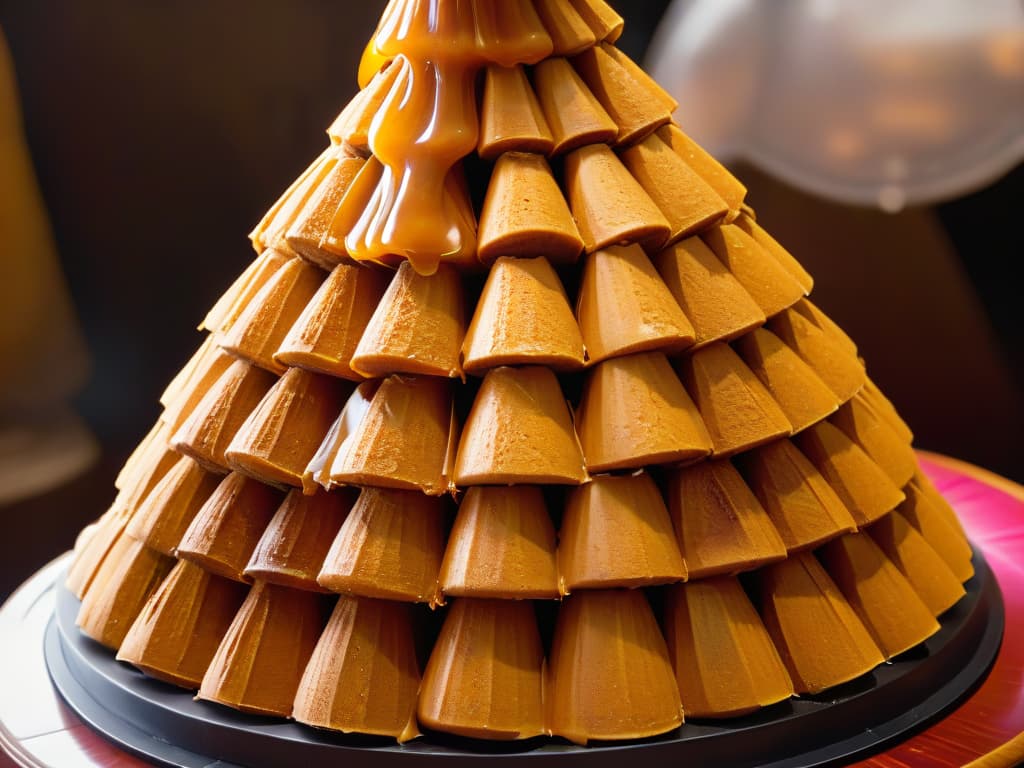  A closeup, ultradetailed image of a stack of goldenbrown panela sugar cones, showcasing their intricate textures and natural caramel hues under soft, diffused lighting. The rough, uneven surface of the panela cones reflects the light, highlighting their organic origins and rich sweetness. Each cone is neatly stacked on top of the other, creating a visually striking composition that captures the essence of traditional panela production and its warm, earthy tones. hyperrealistic, full body, detailed clothing, highly detailed, cinematic lighting, stunningly beautiful, intricate, sharp focus, f/1. 8, 85mm, (centered image composition), (professionally color graded), ((bright soft diffused light)), volumetric fog, trending on instagram, trending on tumblr, HDR 4K, 8K