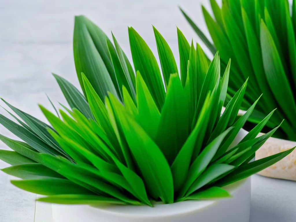  A closeup, ultradetailed image of vibrant green pandan leaves arranged elegantly on a sleek, modern white marble surface. The leaves are freshly picked, showcasing their long, slender shape and deep, rich green color. The light gently reflects off the smooth surface, highlighting the natural texture and intricate details of the pandan leaves, creating a visually stunning and minimalistic composition that exudes freshness and exotic allure. hyperrealistic, full body, detailed clothing, highly detailed, cinematic lighting, stunningly beautiful, intricate, sharp focus, f/1. 8, 85mm, (centered image composition), (professionally color graded), ((bright soft diffused light)), volumetric fog, trending on instagram, trending on tumblr, HDR 4K, 8K