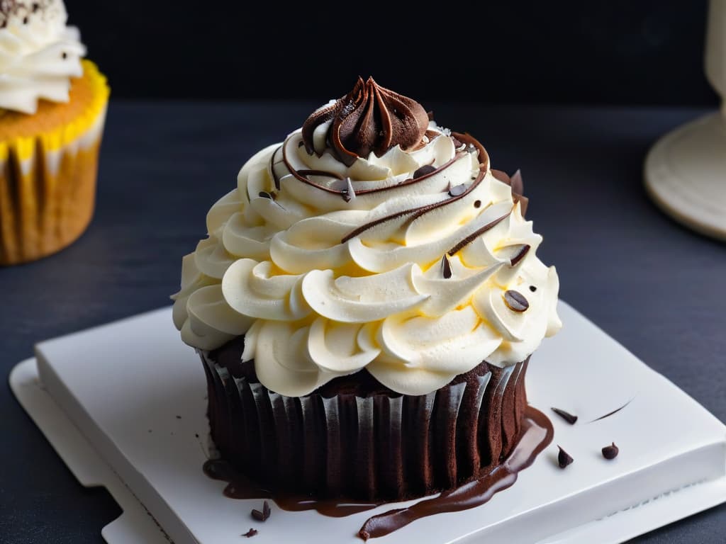  A closeup, ultradetailed image of a perfectly piped swirl of vegan aquafaba meringue on top of a decadent chocolate vegan cupcake, with tiny flecks of organic vanilla beans sprinkled on top, set against a sleek, matte black backdrop. The meringue is glossy and peaks are stiff, showcasing the expert technique required for this advanced vegan baking skill. hyperrealistic, full body, detailed clothing, highly detailed, cinematic lighting, stunningly beautiful, intricate, sharp focus, f/1. 8, 85mm, (centered image composition), (professionally color graded), ((bright soft diffused light)), volumetric fog, trending on instagram, trending on tumblr, HDR 4K, 8K