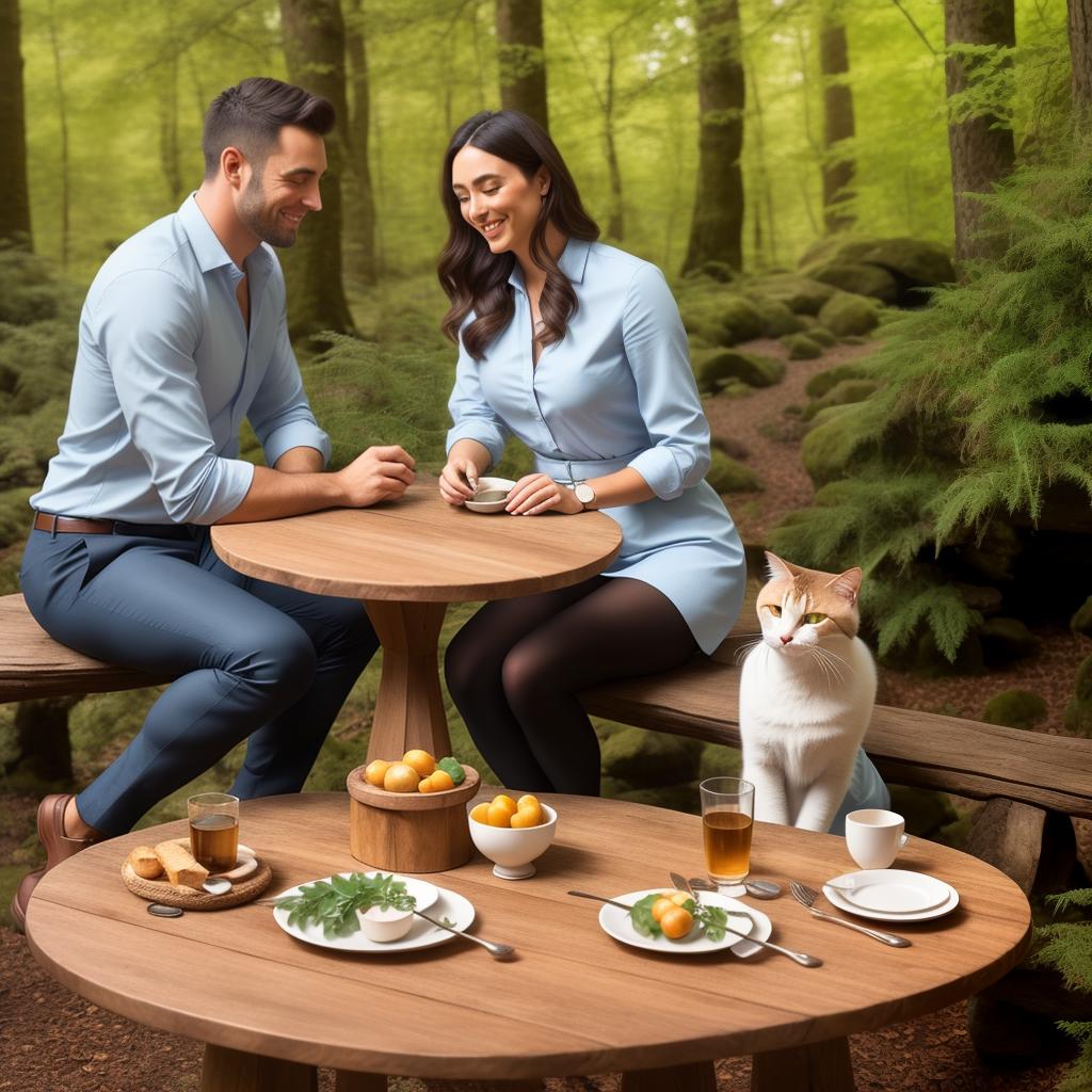  Celtic Couple are sitting in a table in the middles of forest , they are in love with other , looking lovely and smiles , around fireflies and light , behind them a topical Irish house , beautiful enchanted forest , they wearing a luxurious clothes, they are happy and a Beautiful Cat is sitting in the table and looking them lovely !, (high detailed skin:1.2), 8k uhd, dslr, soft lighting, high quality, film grain, Fujifilm XT3 hyperrealistic, full body, detailed clothing, highly detailed, cinematic lighting, stunningly beautiful, intricate, sharp focus, f/1. 8, 85mm, (centered image composition), (professionally color graded), ((bright soft diffused light)), volumetric fog, trending on instagram, trending on tumblr, HDR 4K, 8K