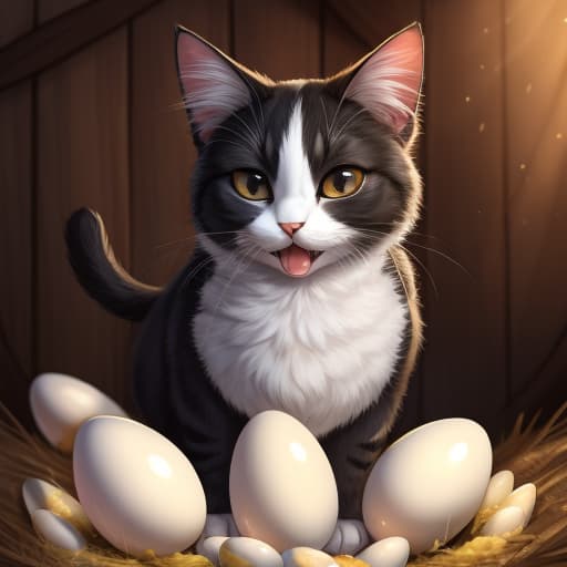  cat, egg, oviposition, black, open eyes, digital art, masterpiece, 4k, fine details,