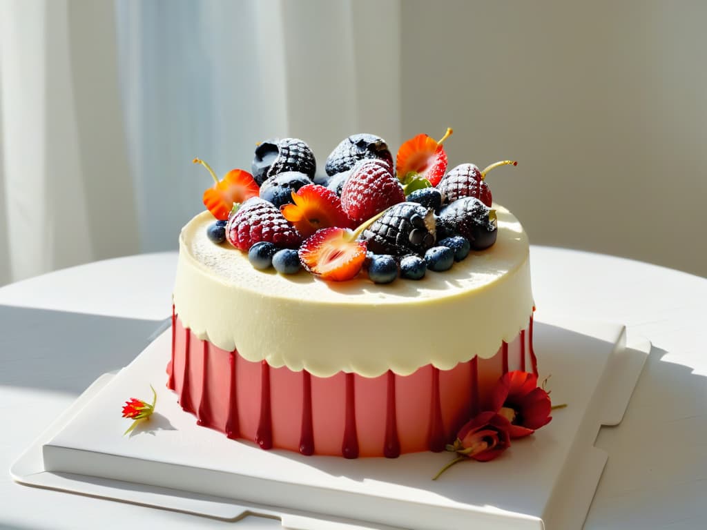  A serene and elegant image of a beautifully decorated vegan cake, showcasing intricate floral designs made from fresh berries and edible flowers. The cake is set on a simple, white ceramic platter, with soft natural light gently illuminating the vibrant colors of the dessert. The focus is on the fine details of the decoration, highlighting the craftsmanship and artistry involved in creating this stunning centerpiece for a vegan pastry display. hyperrealistic, full body, detailed clothing, highly detailed, cinematic lighting, stunningly beautiful, intricate, sharp focus, f/1. 8, 85mm, (centered image composition), (professionally color graded), ((bright soft diffused light)), volumetric fog, trending on instagram, trending on tumblr, HDR 4K, 8K