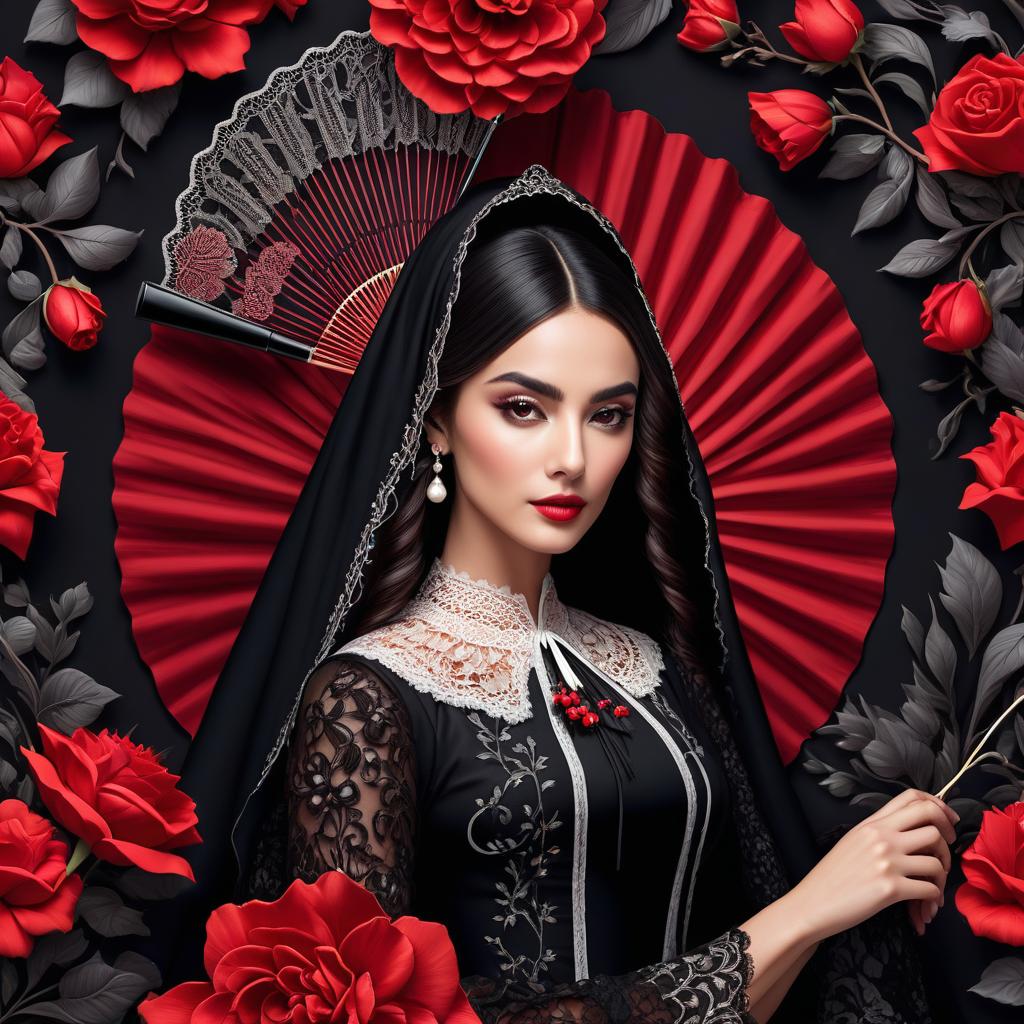  (Linear graphics: 1.8). (Line art: 1,9). (Vector graphics: 1.9). (Minimalism: 1,9). Color cheme: white, red and (black: 1,8). Young Spanish girl with fan. Up to the waist. Black Lace mantilla, fan, rose. Ethnic Spanish coloring. Bakground: black, (surrealist abstract) solution of rocaille and floral elements. Mesmerizing intricacy. hyperrealistic, full body, detailed clothing, highly detailed, cinematic lighting, stunningly beautiful, intricate, sharp focus, f/1. 8, 85mm, (centered image composition), (professionally color graded), ((bright soft diffused light)), volumetric fog, trending on instagram, trending on tumblr, HDR 4K, 8K